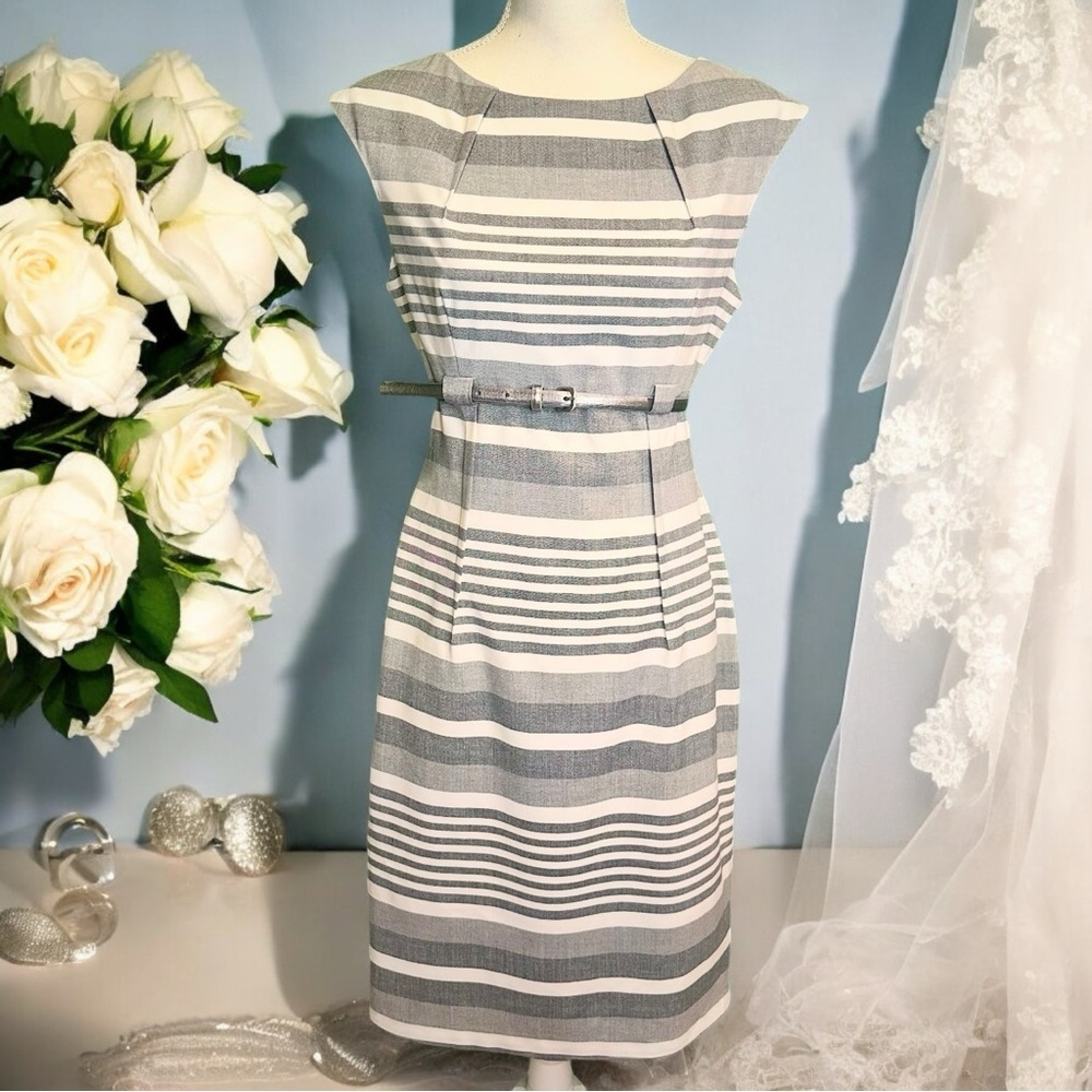 Calvin Klein Gray Striped Pintucked Sheath Dress With Silver Belt Size 6 - Picture 4 of 16